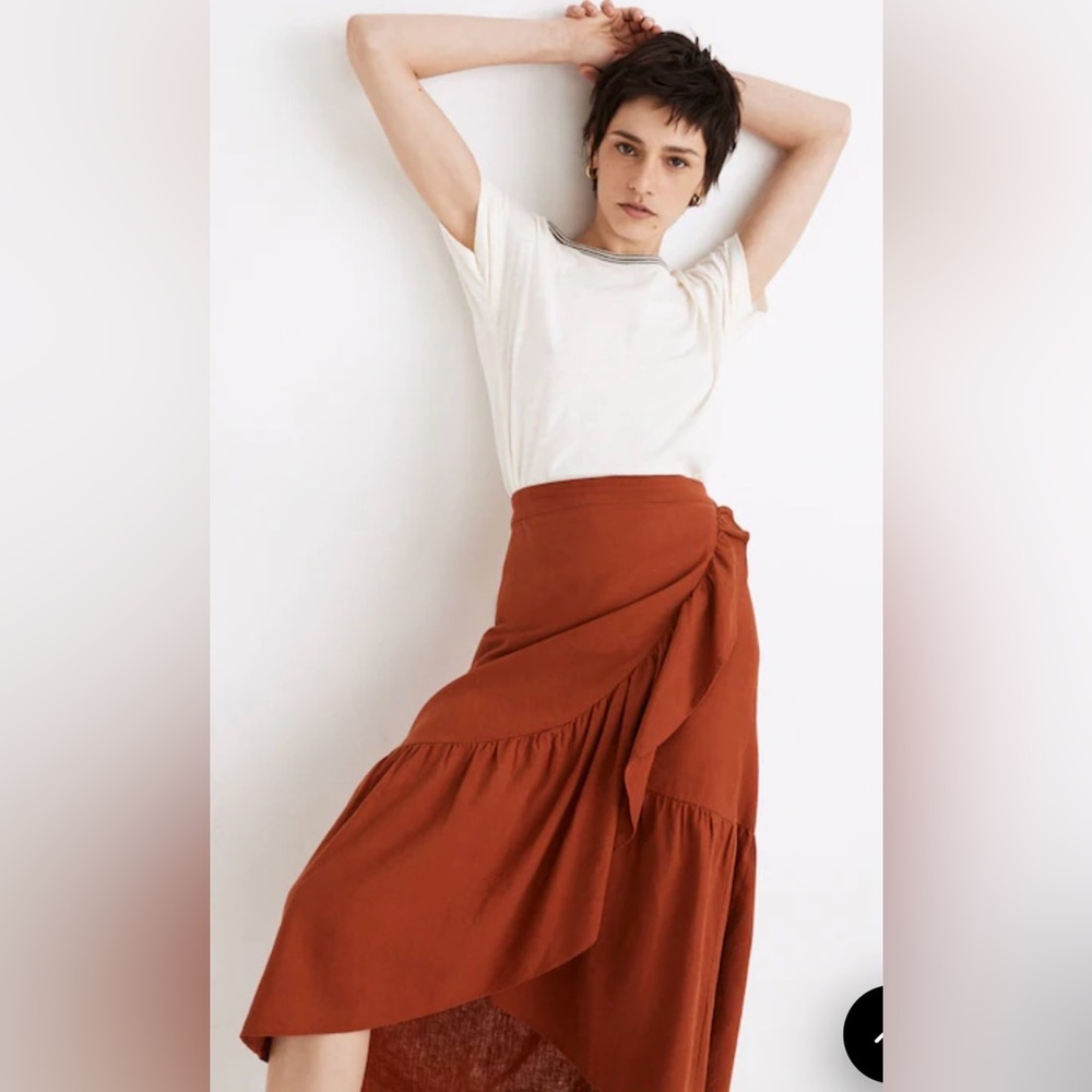 Madewell Midi Skirt Faux Wrap Ruffled Linen in Terracotta Style #A0372 Size 12